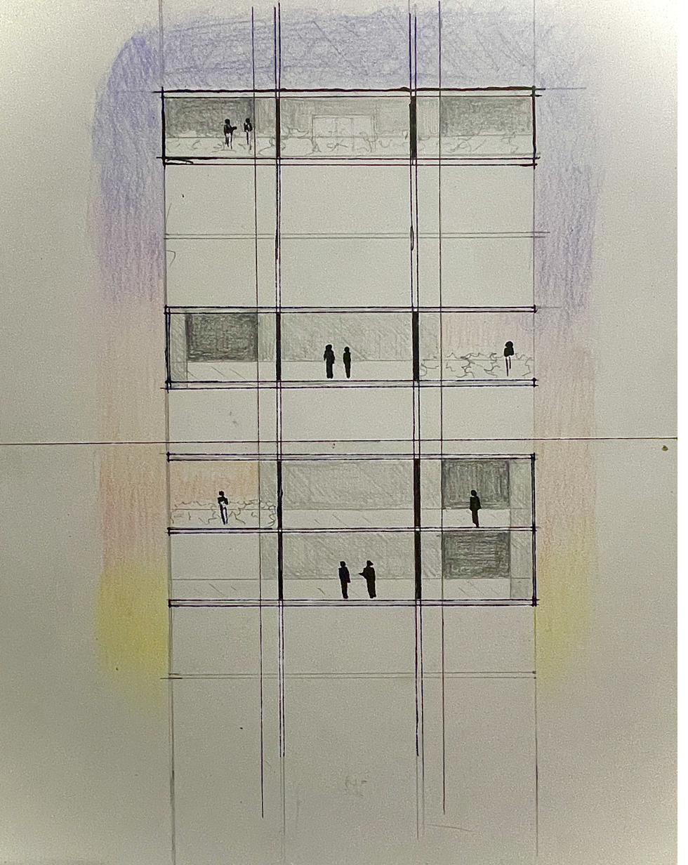 Hand-drawn section of the Nevelson-inspired tower