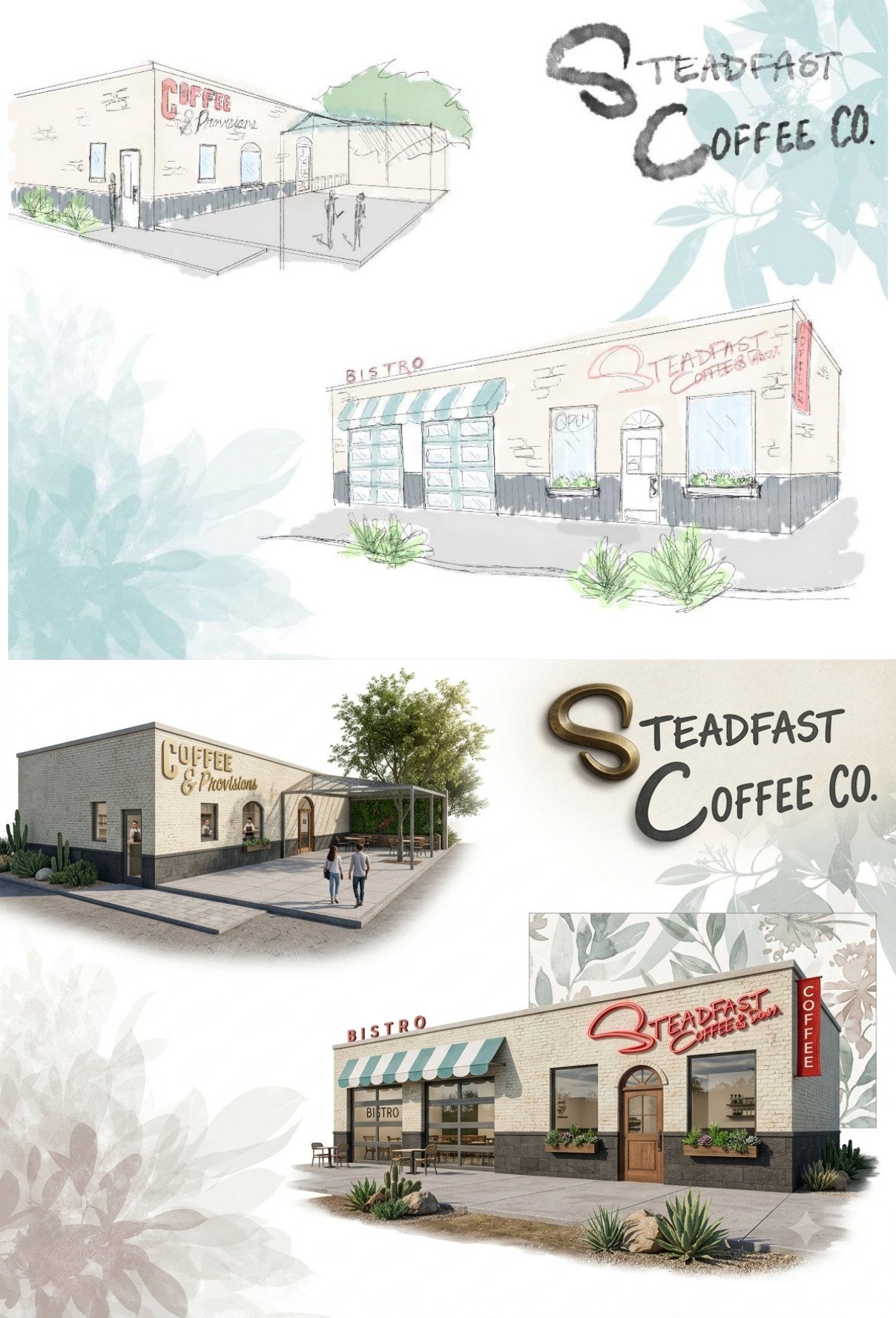 Steadfast Coffee Co. concept board, sketch and digital rendering