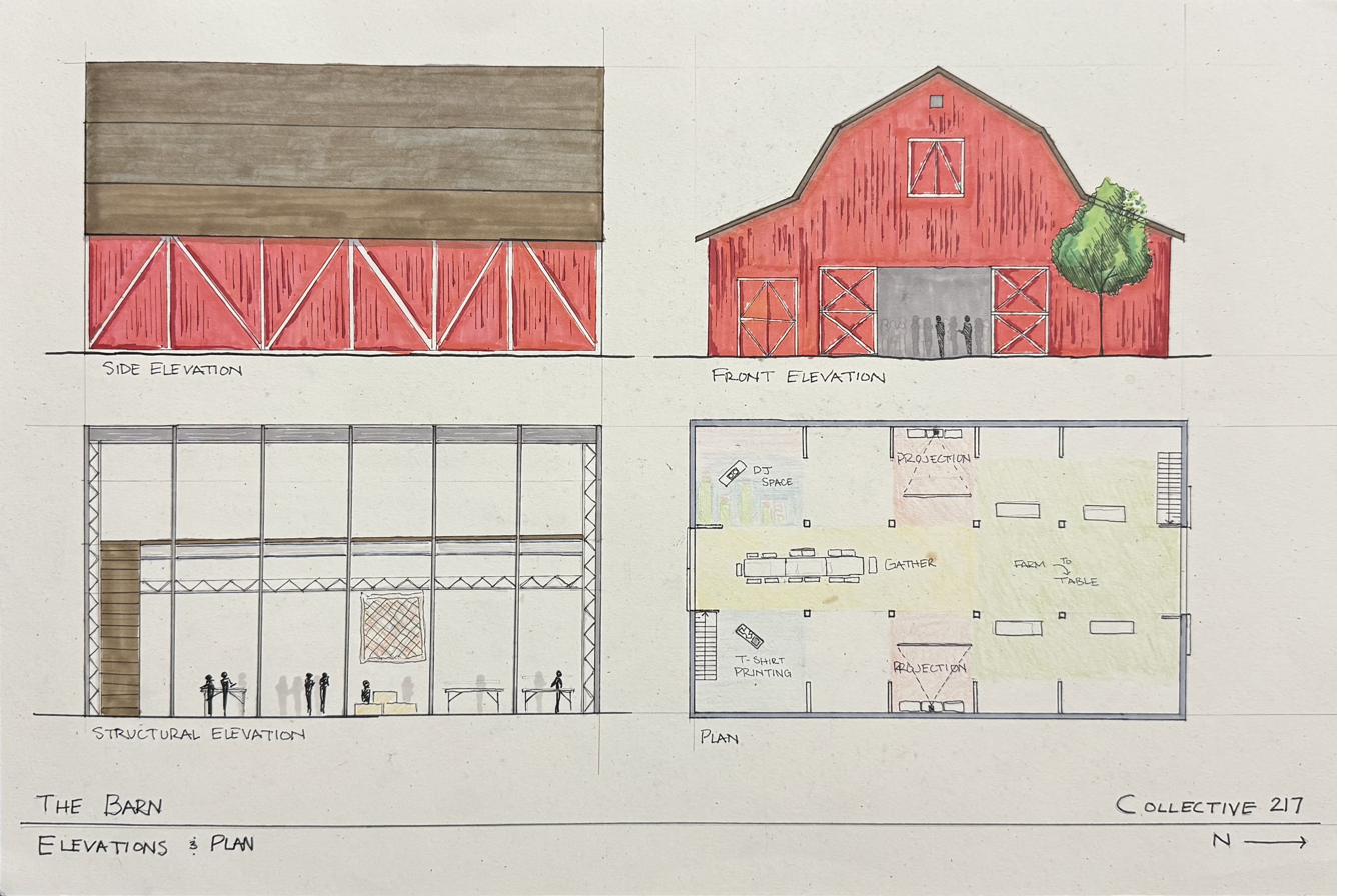 The Barn, elevations and plan, marker and colored pencil
